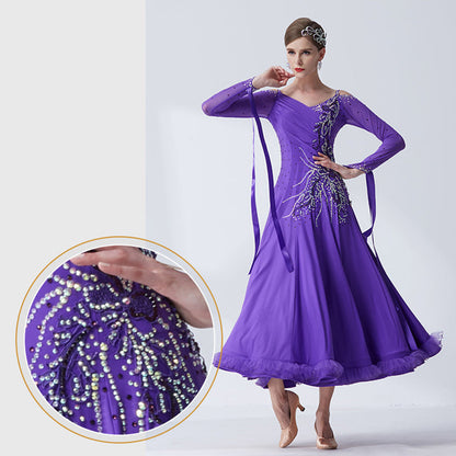 YUN Customisable-Women's Long Sleeve Applique With Applique With Diamonds Waltz Modern Ballroom Dance Dress Competition Dress