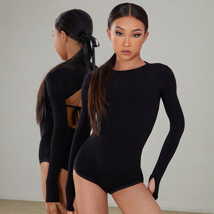Z Girls Black Long-sleeved Dancewear Practice Tops Bodysuit