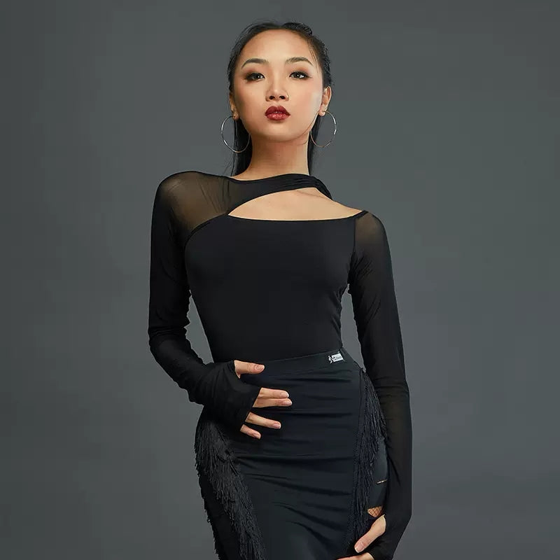 HC Women's Black Mesh Long Sleeve Dance Bodysuit DanceWear Performance Clothes