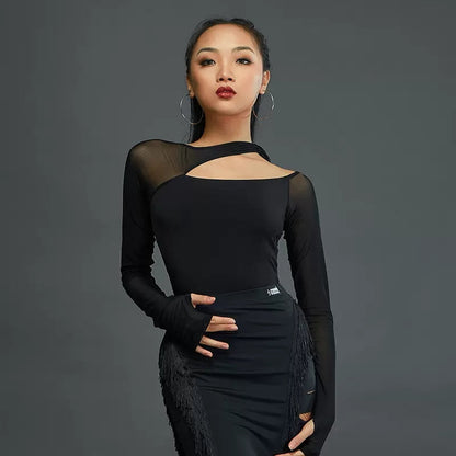 HC Women's Black Mesh Long Sleeve Dance Bodysuit DanceWear Performance Clothes