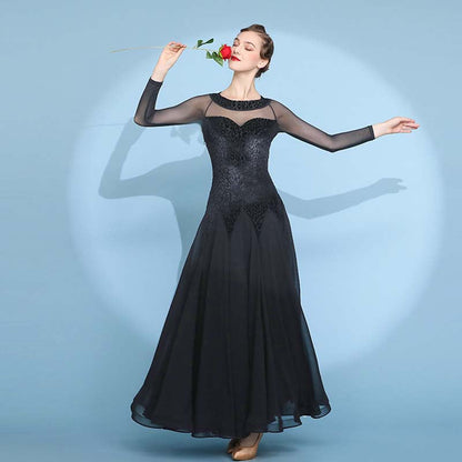 Women's Velvet Long Sleeve Modern Dance Ballroom Dance Waltz Big Swing Dress