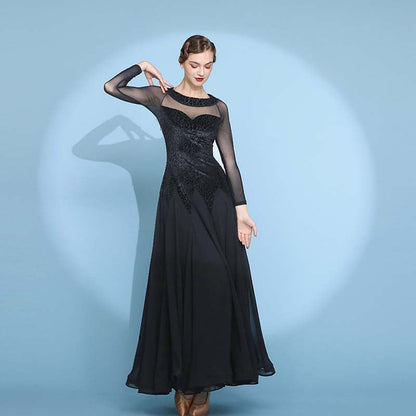 Women's Velvet Long Sleeve Modern Dance Ballroom Dance Waltz Big Swing Dress