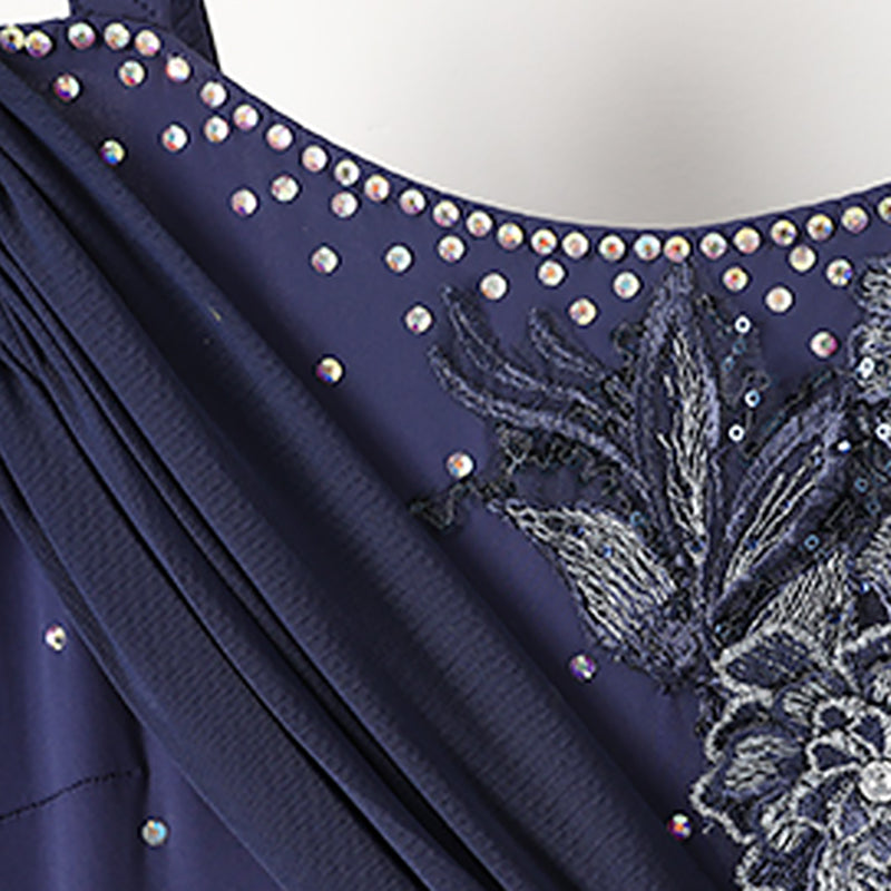 Women's Long Sleeve Navy Blue Lace Diamond Waltz Ballroom Dance Competition Modern Dance Large Swing Dress