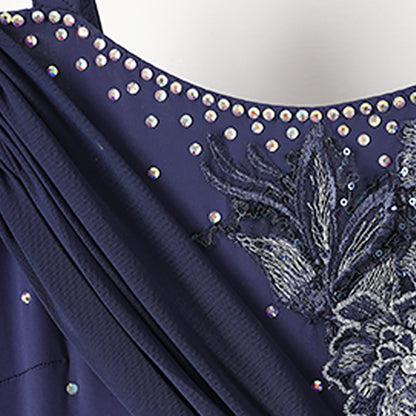 Women's Long Sleeve Navy Blue Lace Diamond Waltz Ballroom Dance Competition Modern Dance Large Swing Dress