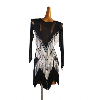 Customisable-Women's Black Long Sleeve Sequin Tassel Dance Dresses Performance Dresses