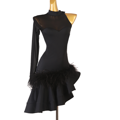 Customisable-Women's Black Slant Shoulder Feather Rumba Latin Dance Practice Dresses Performance Dresses