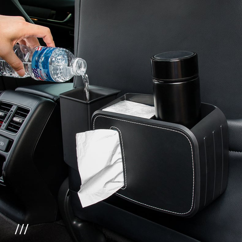 Premium Leather Car Organizer With Trash Can - Detachable