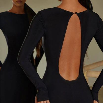 Z Women's Black Round Neck Long Sleeve Backless Elegant Dance Dress Dance Wear