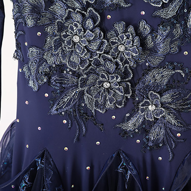 Women's Long Sleeve Navy Blue Lace Diamond Waltz Ballroom Dance Competition Modern Dance Large Swing Dress