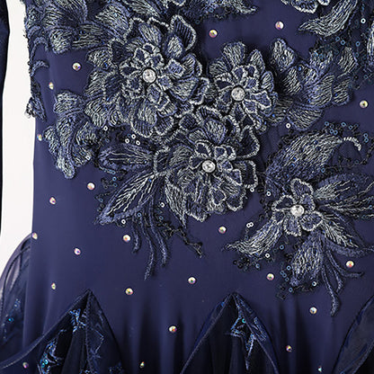 Women's Long Sleeve Navy Blue Lace Diamond Waltz Ballroom Dance Competition Modern Dance Large Swing Dress