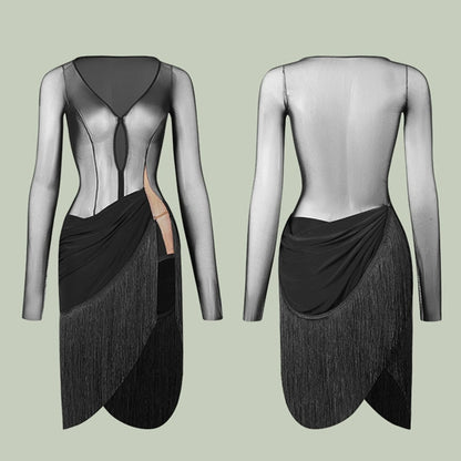 Z Women's Black V-Neck Long Sleeve Tassel Dance Dress Dance Wear（Without Bra）