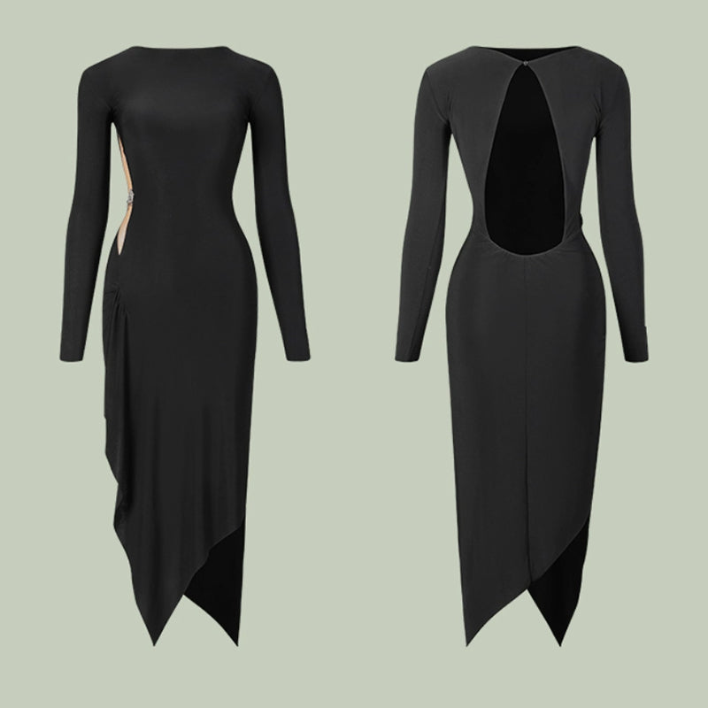 Z Women's Black Round Neck Long Sleeve Backless Elegant Dance Dress Dance Wear