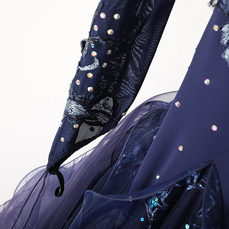 Women's Long Sleeve Navy Blue Lace Diamond Waltz Ballroom Dance Competition Modern Dance Large Swing Dress