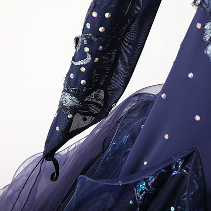 Women's Long Sleeve Navy Blue Lace Diamond Waltz Ballroom Dance Competition Modern Dance Large Swing Dress