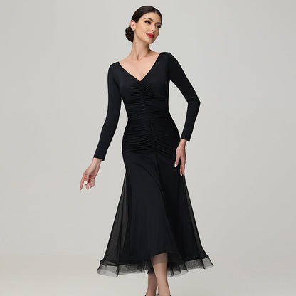 Customisable-Women's V Neck Long Sleeve Waltz Modern Ballroom Dance Dress Competition Dresses