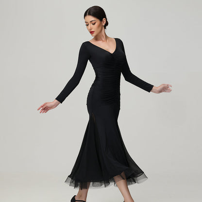 Customisable-Women's V Neck Long Sleeve Waltz Modern Ballroom Dance Dress Competition Dresses
