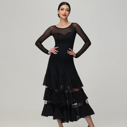 Customisable-Women's Round Neck Long Sleeve Waltz Modern Ballroom Dance Dress Competition Dresses