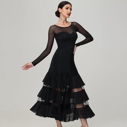 Customisable-Women's Round Neck Long Sleeve Waltz Modern Ballroom Dance Dress Competition Dresses