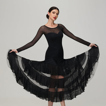 Customisable-Women's Round Neck Long Sleeve Waltz Modern Ballroom Dance Dress Competition Dresses