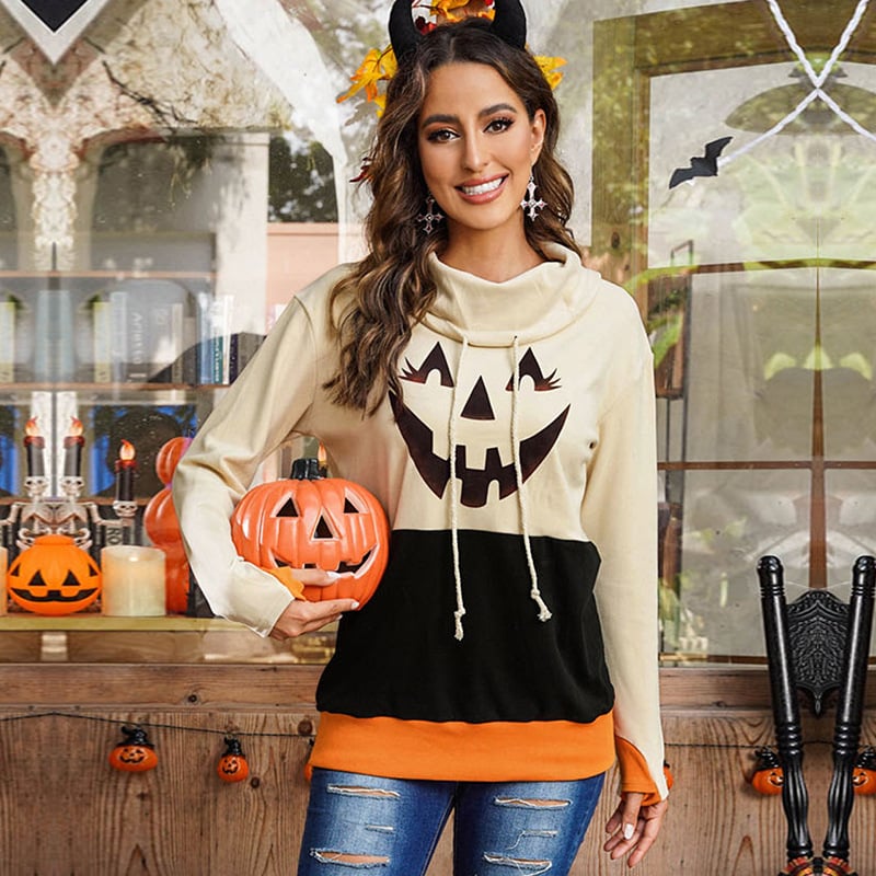 [Pre-Halloween Sale]Halloween Print Color Block Drawstring Sweatshirt