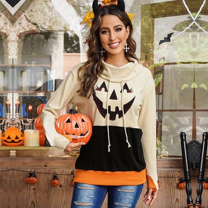 [Pre-Halloween Sale]Halloween Print Color Block Drawstring Sweatshirt