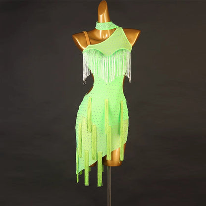 Customisable-Women's Performance Sleeveless Tassels Latin Salsa Dance Dress Competition Dress