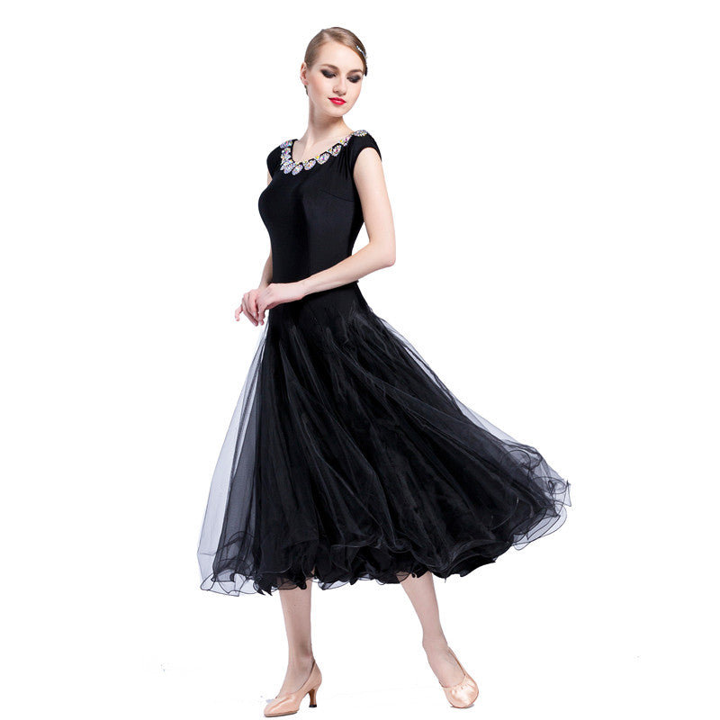 YUN Customisable-Women's Sleeveless  Mesh Diamonds Waltz Modern Ballroom Dance Dress Competition Dresses