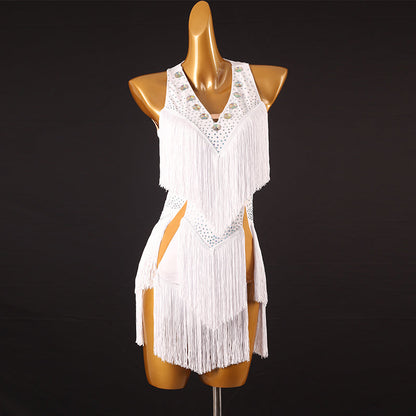 Customisable-Women's Performance Sleeveless Tassels Latin Salsa Dance Dress Competition Dress