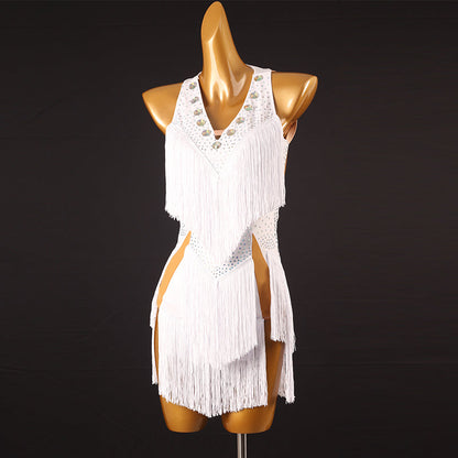 Customisable-Women's Performance Sleeveless Tassels Latin Salsa Dance Dress Competition Dress
