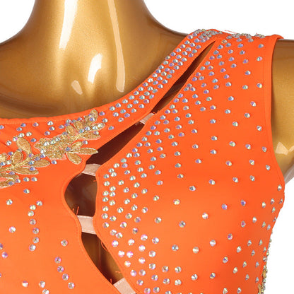 Customisable-Women's Performance Sleeveless Orange Tassels Latin Salsa Dance Dress Competition Dress