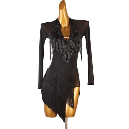 Customisable-Women's Performance Long Sleeve Tassel Latin Salsa Dance Dress Competition Dress
