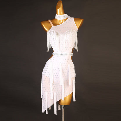 Customisable-Women's Performance Sleeveless Tassels Latin Salsa Dance Dress Competition Dress