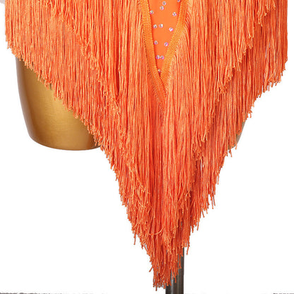 Customisable-Women's Performance Sleeveless Orange Tassels Latin Salsa Dance Dress Competition Dress