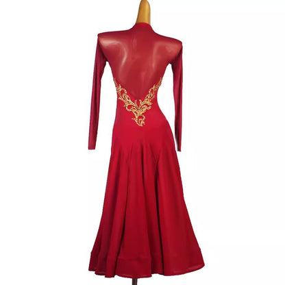 Customisable-Women's Red V-neck Long Sleeve DanceWear Ballroom Dance Dress