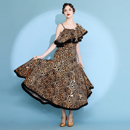 Women's Leopard Print Modern Dance Performance Dress Waltz Ballroom Dance Dress