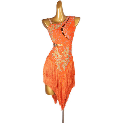 Customisable-Women's Performance Sleeveless Orange Tassels Latin Salsa Dance Dress Competition Dress