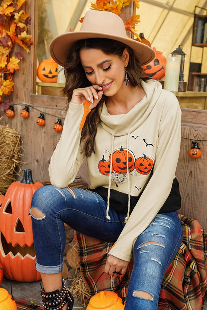 [Pre-Halloween Sale]Halloween Print Color Block Drawstring Sweatshirt