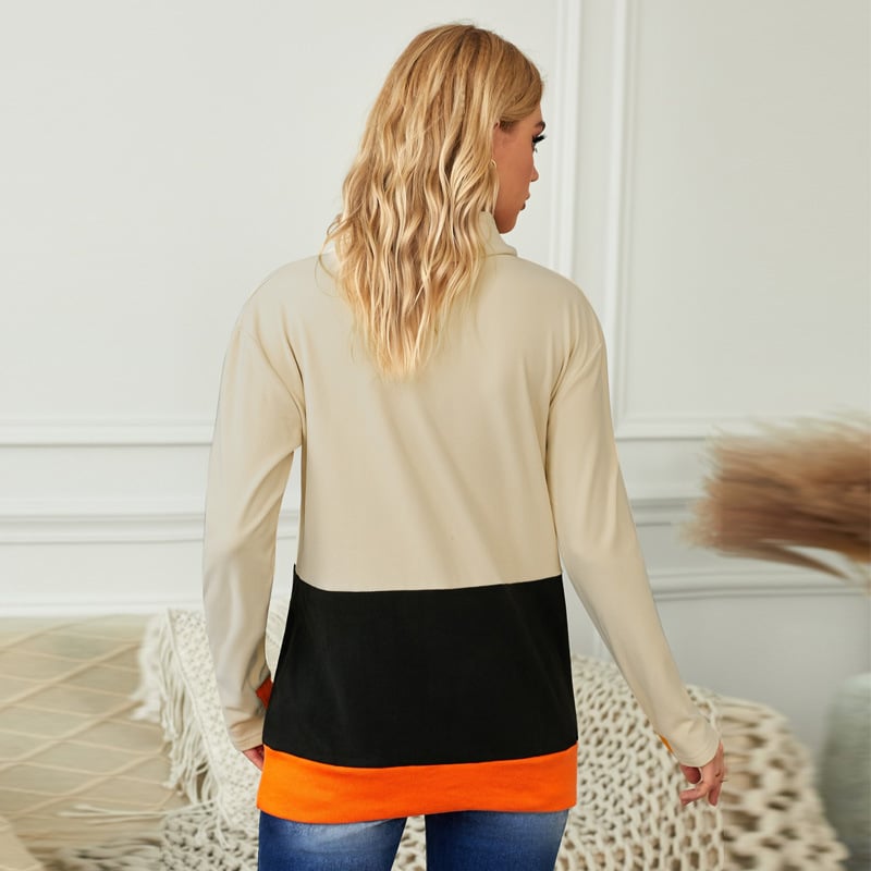 [Pre-Halloween Sale]Halloween Print Color Block Drawstring Sweatshirt