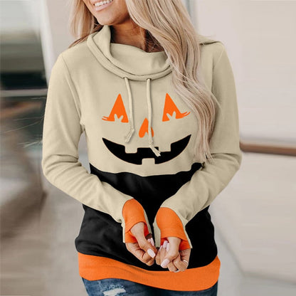 [Pre-Halloween Sale]Halloween Print Color Block Drawstring Sweatshirt