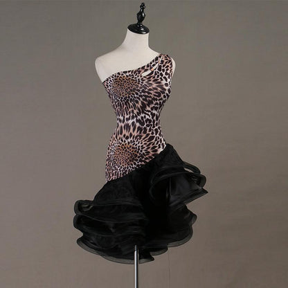 Customisable-Sexy Leopard print one-shoulder Latin Dance Dress Competition Dress Performance Dress