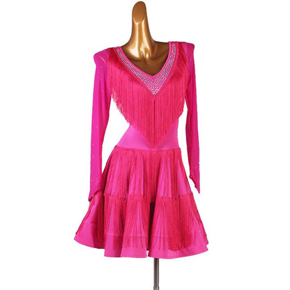 Customisable-Spandex Tassel V-neck Latin Dance Dress Competition Dress Performance Dress