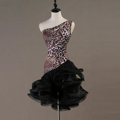Customisable-Sexy Leopard print one-shoulder Latin Dance Dress Competition Dress Performance Dress